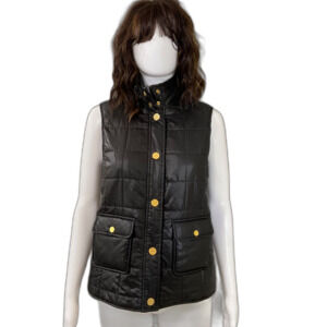 Tory Burch Quilted Puffer Vest with Gold Logo Snap Buttons Sz XS Black